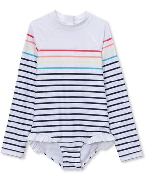 Lands' End Girls Child Chlorine Resistant Long Sleeve Ruffle One Piece Swimsuit - White