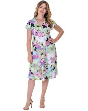 24seven Comfort Apparel Petite Floral Print Empire Waist Kimono Cap Sleeve Knee Length Dress - Blue