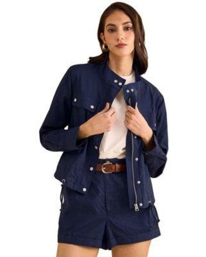 1.STATE Cotton Drawcord Hem Jacket Dobby Stripe Shorts - Blue