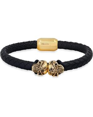 Steeltime Black Braided Leather And 18k Gold-plated Stainless-steel Skulls Bracelet