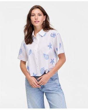On 34th Cotton Two-tone Embroidered Eyelet Short-sleeve Shirt - White