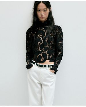 Mango Band Collar Guipure Long-puffed-sleeve Blouse - Black