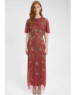 Beauut Embellished Sequin Beaded Maxi Dress With Boat Neckline With Cape-style Short Sleeves - Red