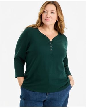 Style & Co. Plus Size 3/4-sleeve Cotton Henley Top - Green