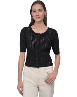 DKNY Crewneck Short-sleeve Cardigan Cable Pointelle Cardigan Sweater - Black