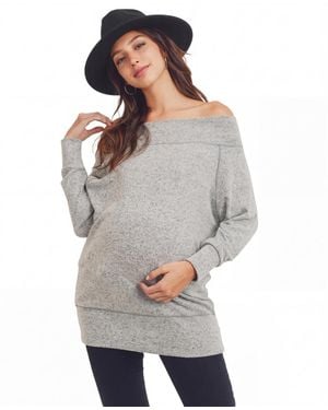 Hello Miss Maternity Off-the-shoulder Long-sleeve Brushed Tunic - Gray