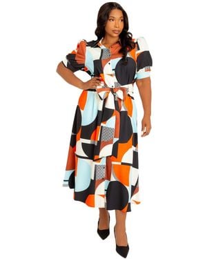 Buxom Couture Plus Size Geometric Print Puff Sleeve Shirtdress - White