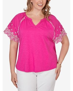 Ruby Rd. Plus Size Embroidered Sleeve Slub Knit Top - Pink