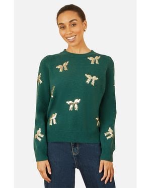 Yumi' Sequin Applique Bow Sweater - Green