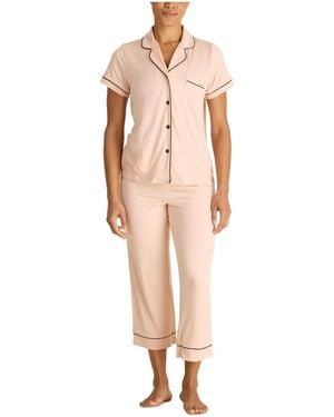 BCBGMAXAZRIA Short Sleeve Notch Collar Top And Capri Pants Pajamas 2-piece Set - White