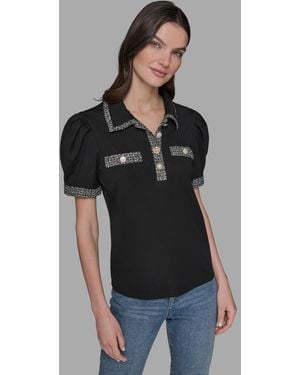 Karl Lagerfeld Petite Tweed-trim Knit Top - Black