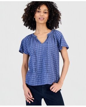 Style & Co. Petite Paisley Bloom Flutter-sleeve Popover Top - Blue