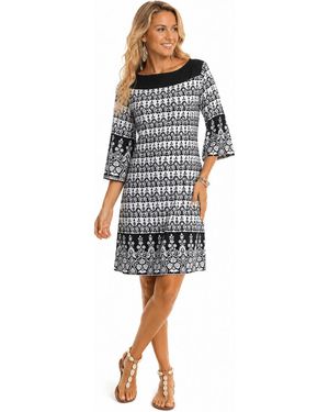 La Moda Clothing Border Print Trapeze Tunic Dress - Blue