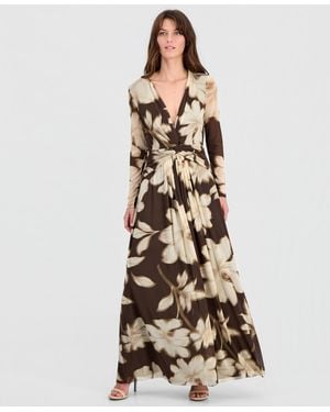 Anne Klein Twist-front Long-sleeve Mesh Maxi Dress - Natural