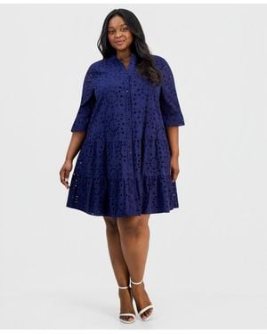 Anne Klein Plus Size Cotton Eyelet Tiered Shirtdress - Blue