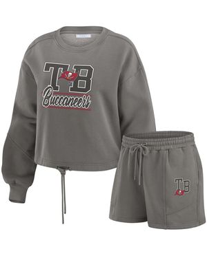 WEAR by Erin Andrews Tampa Bay Buccaneers Washed Fleece Long Sleeve T-shirt Shorts Lounge Set - Gray