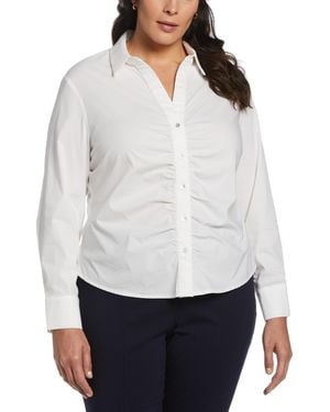 Rafaella Plus Size Ruched Front Poplin Long Sleeve Button-down Shirt - White