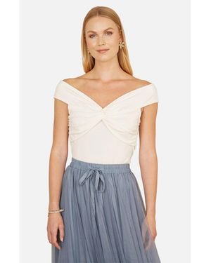 Yumi' Short Sleeve Knot Detail Bardot Top - Blue