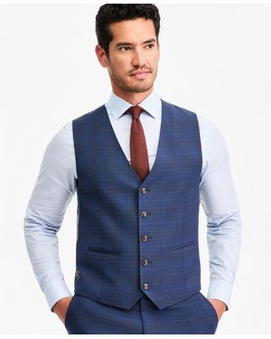 Tayion Collection Classic-fit Blue & Red Plaid Suit Separate Vest