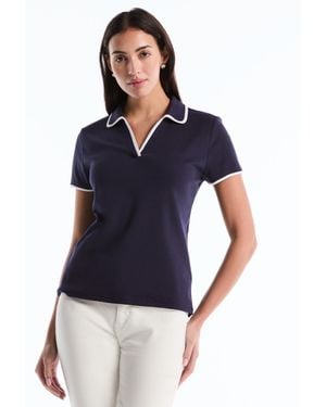 Rafaella Petite Contrast Trim Johnny Collar Polo Shirt - Blue