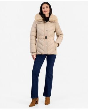 Michael Kors Belted Hooded Faux Fur Collar Puffer Coat - Natural