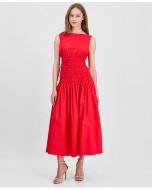Anne Klein Jewel Neck Smocked Midi Dress - Red