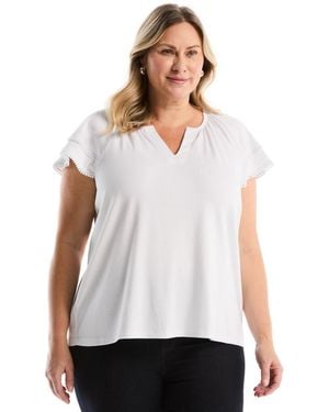 Rafaella Plus Size Eyelet Flutter Sleeve Split Neck Short Sleeve Top - White