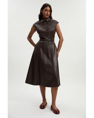 Karen Millen Faux Leather Belted Midi Dress - Brown