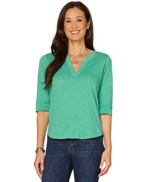Democracy Petite 3/4-sleeve Split Neckline Knit Top - Green
