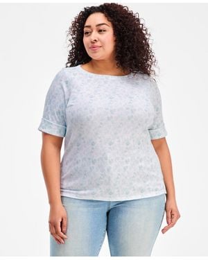 Style & Co. Plus Size Printed Boat-neck Elbow Sleeve Cotton Top - Gray