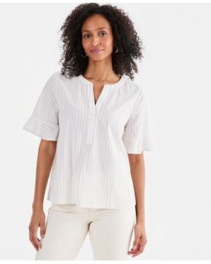 Style & Co. Petite Y-neck Ruffle Short-sleeve Cotton Top - White