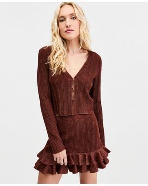 BarIII Metallic-knit Cropped Cardigan - Red