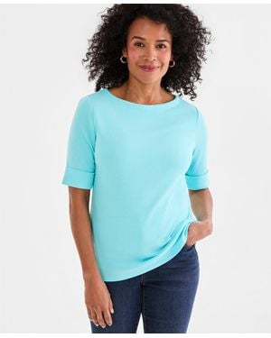 Style & Co. Petite Cotton Elbow-sleeve Boat-neck Top - Blue
