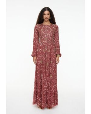 MARYISA Modest Embellished Sequins A-line Dress - Red