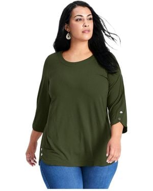 Avenue Plus Size Sabrina Btn Dtl 3/4 Slv Top - Green