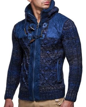 Leif Nelson Knit Zip-up Jacket With Geometric Patterns And Leather Accents - Blue
