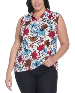 Rafaella Plus Size Bouquet Print V-neck Polo T-shirt - Blue