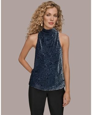 Donna Karan Geo Burnout Sleeveless Cowl Neck Sweater Top - Blue