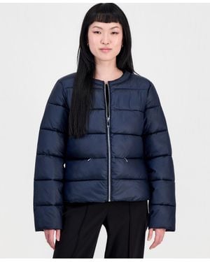 Cece Short Quilted Puffer Collarless Jacket - Blue