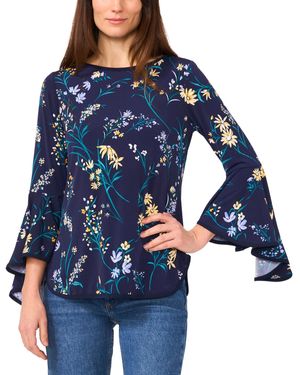 SAM & JESS Printed Crewneck 3/4-bell-sleeve Blouse - Blue