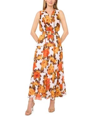1.STATE V-neck Smocked Waist Tiered Maxi Dress - Orange