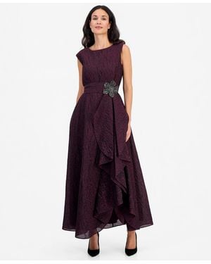 Tahari Beaded Crinkle Boat Neck Gown - Purple