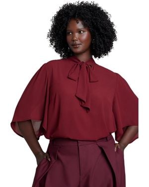 Eloquii Bow Blouse With Flutter Sleeve - Red