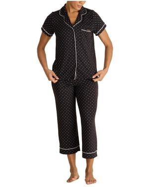 BCBGMAXAZRIA Short Sleeve Notch Collar Top And Capri Pants Pajamas 2-piece Set - Black