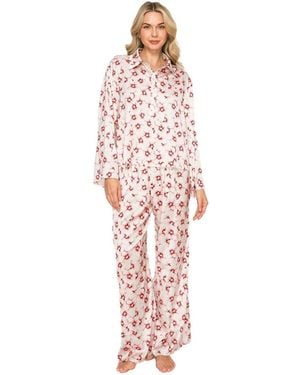Badgley Mischka Floral Silky Satin Long Sleeve And Wide Leg Pajama Set - White