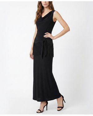 Taylor Fringe Detail Peplum Cowl Neck Fit & Flare Dress - Black