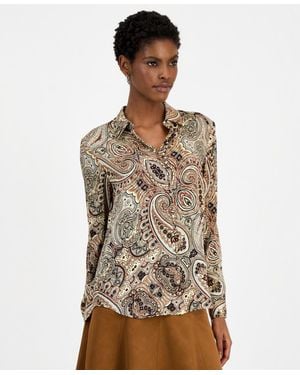 Tahari Pria Silk-blend Long-sleeve Collared Blouse - Brown