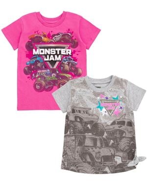 MONSTER JAM Girls 2 Pack T-shirts To Grave digger El Toro Loco Whiplash Monster Mutt Dalmatian Megalodon - Pink
