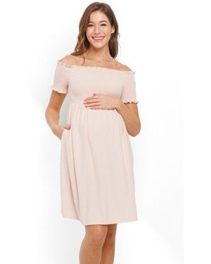 Hello Miss Maternity Off-the-shoulder Smocked Swiss Dot Dress - Natural