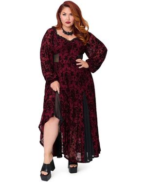 Unique Vintage Plus Size Sheer Spiderweb Godet Maxi Dress - Red